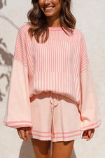 Gradient Stripe Puff Sleeve Sweater Shorts Set