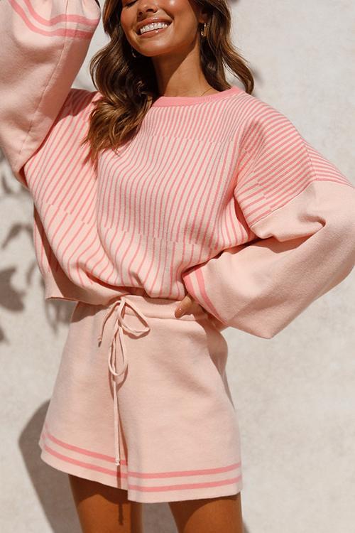 Gradient Stripe Puff Sleeve Sweater Shorts Set