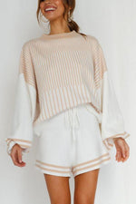 Gradient Stripe Puff Sleeve Sweater Shorts Set