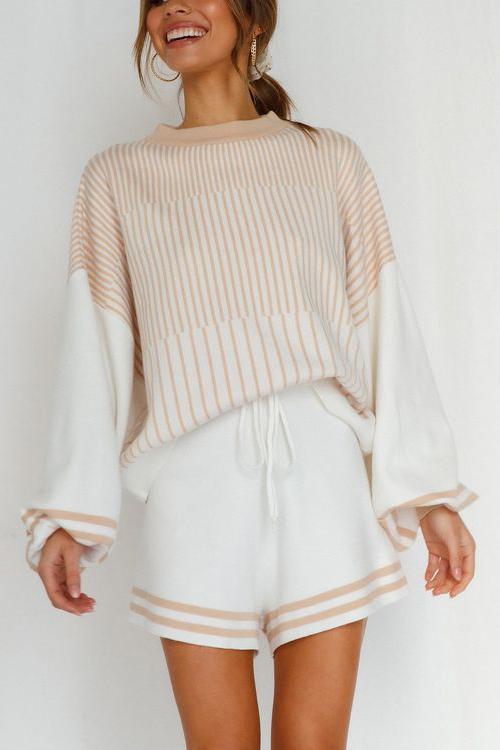 Gradient Stripe Puff Sleeve Sweater Shorts Set