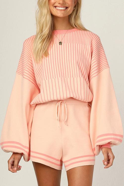 Gradient Stripe Puff Sleeve Sweater Shorts Set