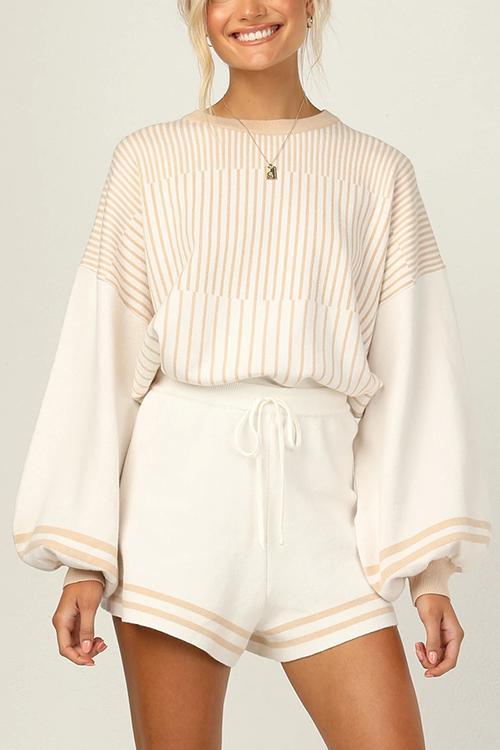 Gradient Stripe Puff Sleeve Sweater Shorts Set