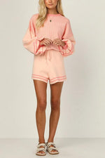 Gradient Stripe Puff Sleeve Sweater Shorts Set