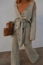 Button Belted Cardigan Pants Set