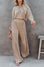 Pleated Crop Blouse Wide Leg Pants Set