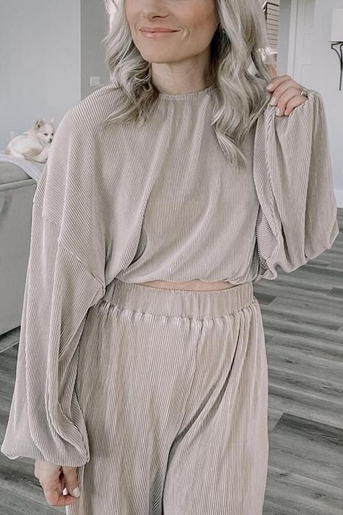 Pleated Crop Blouse Wide Leg Pants Set