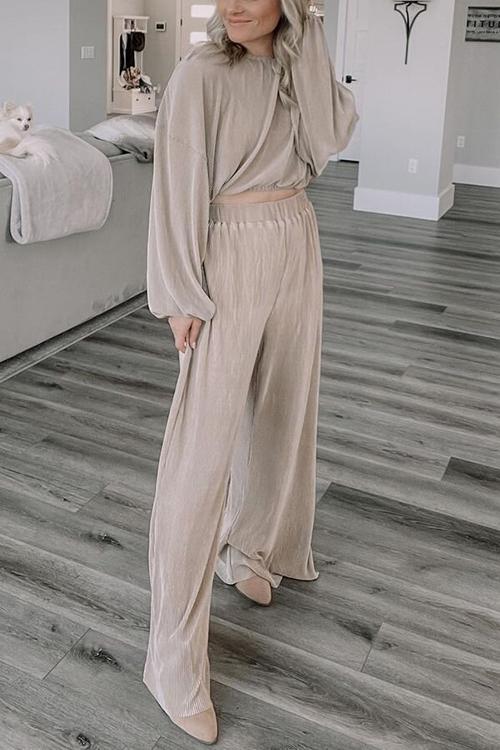 Pleated Crop Blouse Wide Leg Pants Set