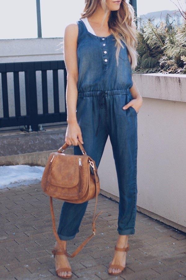 Slim Casual Waistband Denim Jumpsuit