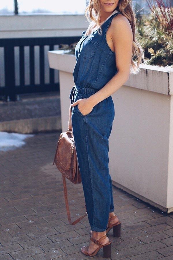 Slim Casual Waistband Denim Jumpsuit