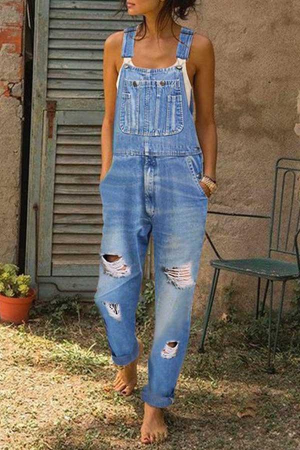 Florcoo Washed Ripped Hole Denim Overalls(3 colors)