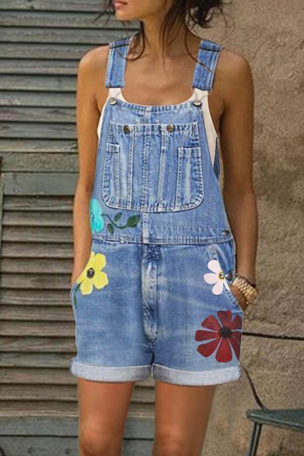 Florcoo Printed Slim Denim Bib Shorts Overalls