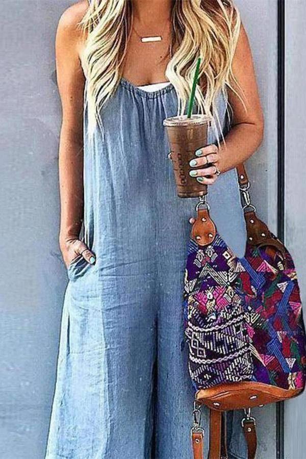 Sleeveless V-neck Wide Leg Denim Jumpsuit