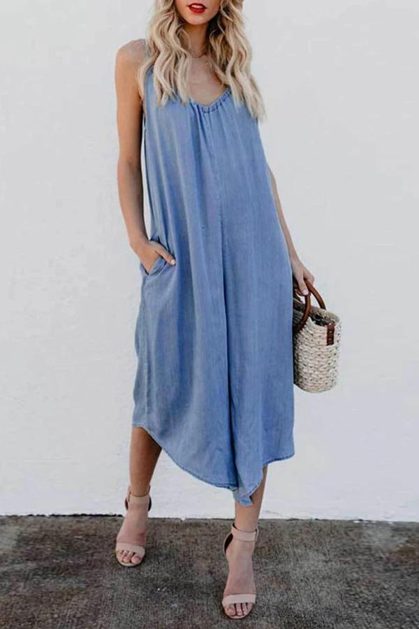 Sleeveless V-neck Wide Leg Denim Jumpsuit