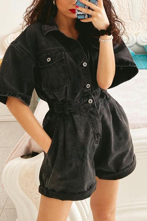 Pockets Denim Short Sleeve Romper