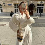 Two Piece Long Sleeve Woolen Coat Wide Leg Pants Set