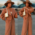 Two Piece Long Sleeve Woolen Coat Wide Leg Pants Set