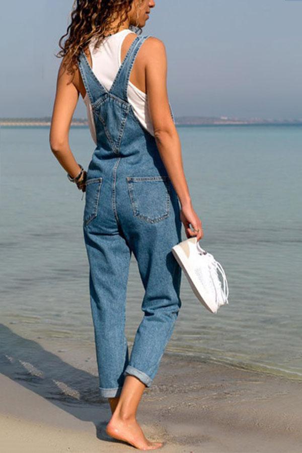 Solid Color Loose Denim Overalls