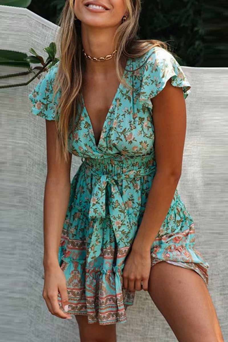 Florcoo Ruffle Floral Print Green Mini Dress