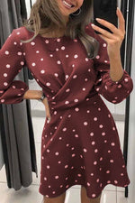 Florcoo Loose Round Neck Long Sleeve Polka Dot Mini Dress(4 Colors)