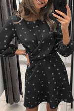 Florcoo Loose Round Neck Long Sleeve Polka Dot Mini Dress(4 Colors)