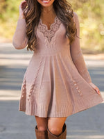 Elegant V Neck Ruffled Solid Knitted Sweater Dress