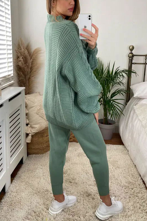 Cozy Island Pocketed Cable Knit Casual Loungewear Set