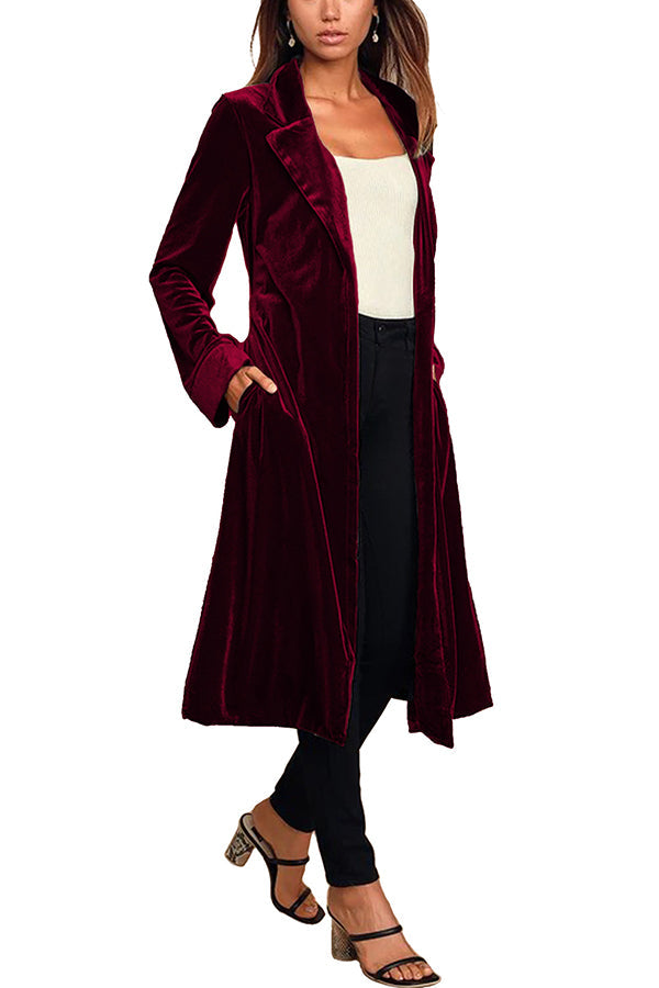 Downtown Elegance Pocketed Belt Velvet Midi Coat