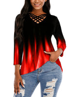 Criss Cross Neck Gradient Color Medium Sleeve T-shirt