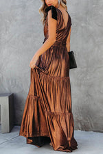 Charming Days Velvet Shoulder Tie Metallic Maxi Dress