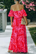 Royal Villa Palm Print Off The Shoulder Maxi Dress