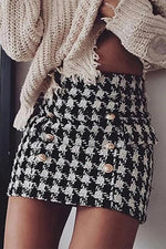 Double-breasted metal buckle houndstooth tweed slim bag hip miniskirt skirt