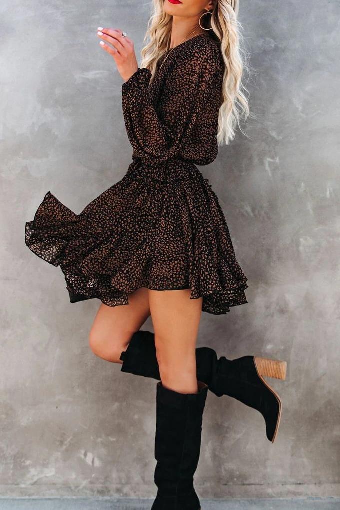 Florcoo Round Neck Long Sleeves Ruffle Mini Dresses