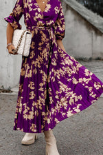 Early Sunset Floral Wrap Pleated Midi Dress