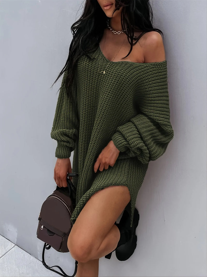 Fashion Lantern Sleeve Knitted V-neck Loose Sweater