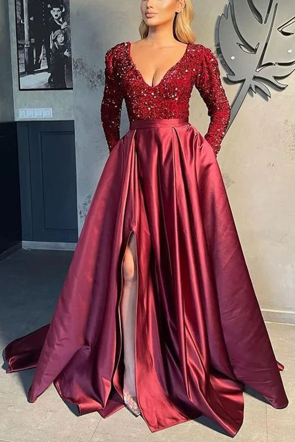 Gorgeous Long Sleeves V-Neck Sequins Satin Prom Dress