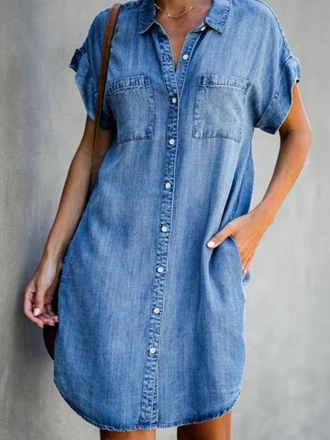 Button Short Sleeve Denim Shirt Dress