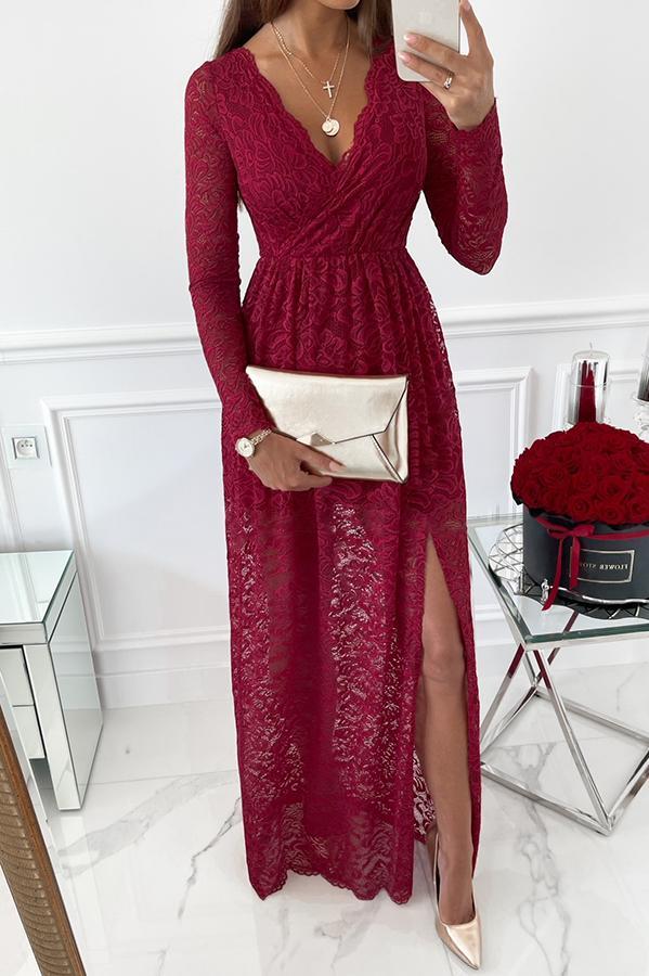 Rose Garden V-neck Lace Slit Maxi Dress