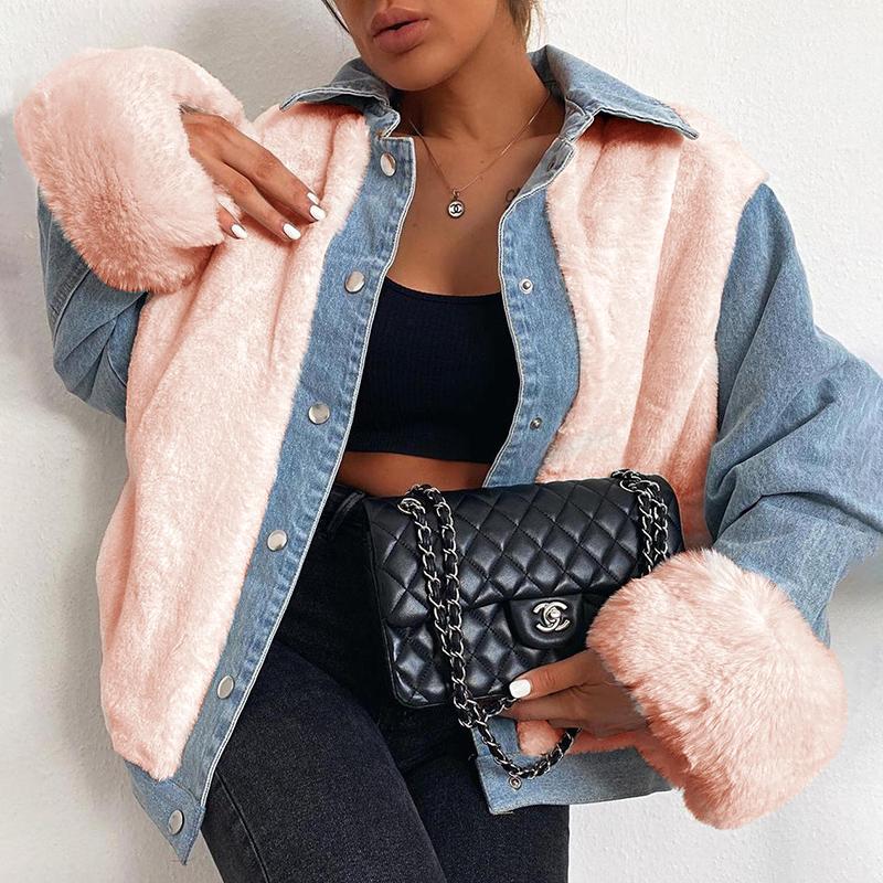 Casual Plush Denim Stitching Jacket