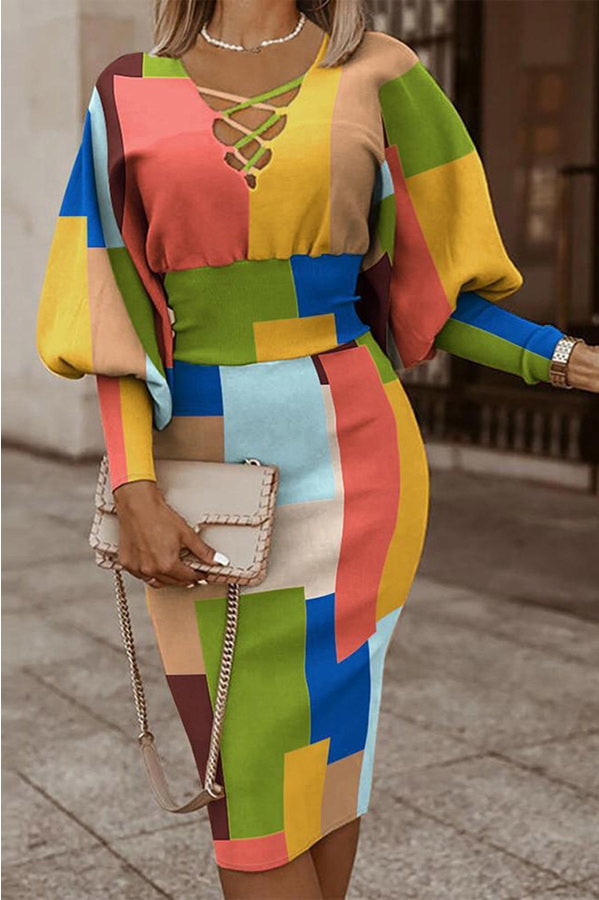 Malani Color Block Lantern Sleeve Midi Dress