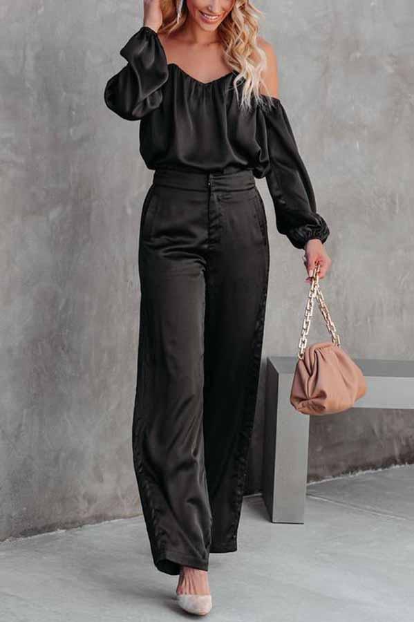 Adele Satin Off Shoulder Blouse & Wide Leg Pants Suit