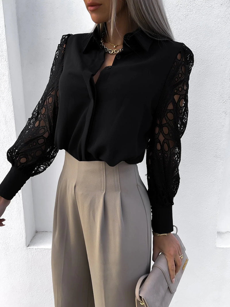 Casual V-Neck Lace Long Sleeve Lantern Shirt Blouse