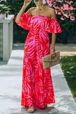 Royal Villa Palm Print Off The Shoulder Maxi Dress