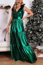 Charming Days Velvet Shoulder Tie Metallic Maxi Dress