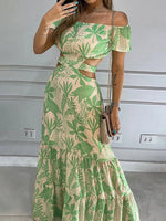 Tropical Print Off Shoulder Cut Out Maxi Dress