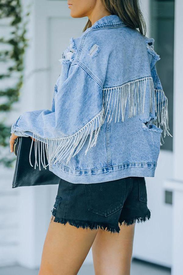 Quentin Rhinestone Fringe Denim Jacket