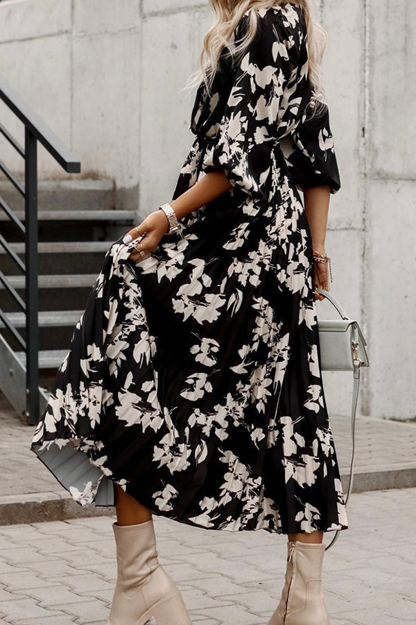 Early Sunset Floral Wrap Pleated Midi Dress