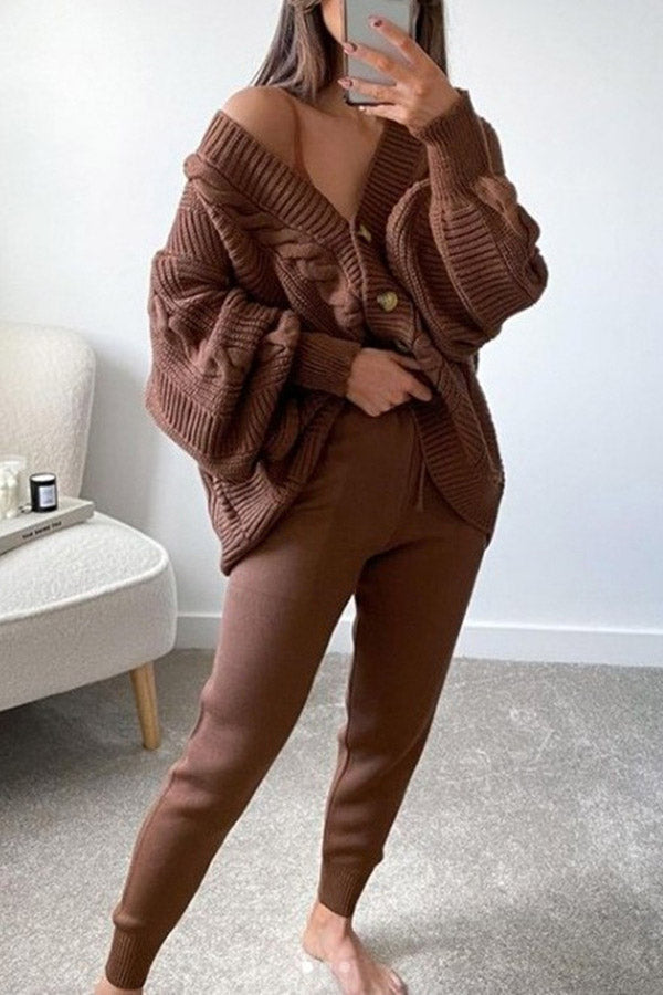 Cozy Island Pocketed Cable Knit Casual Loungewear Set