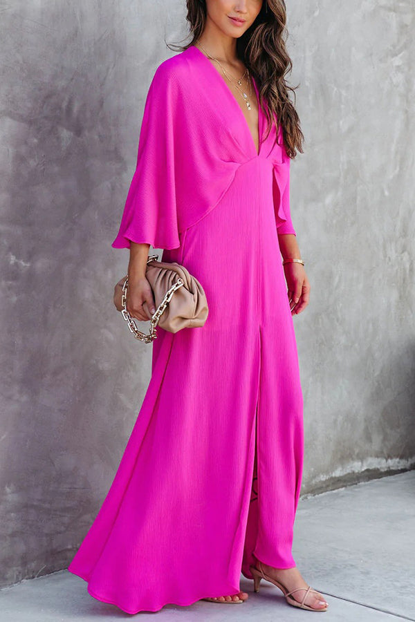 Beauty Meets Cape Sleeve Slit Maxi Dress