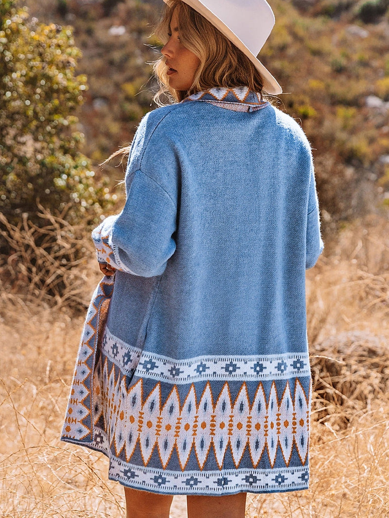 Blue Aztec Print Open Front Knitted Cardigan Sweater