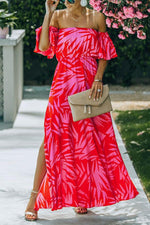 Royal Villa Palm Print Off The Shoulder Maxi Dress